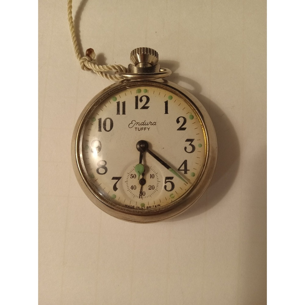 Vintage Endura Tuffy Pocket Watch 1960s Silver Tone Made in Great Britain Non-Op